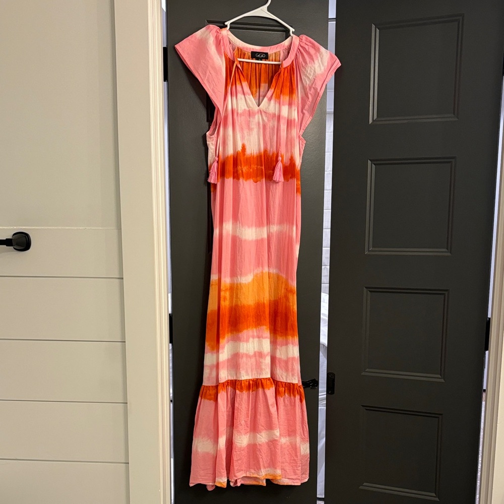 Tie-Dye Pink & Orange Maxi Dress with Tassel V-Neck